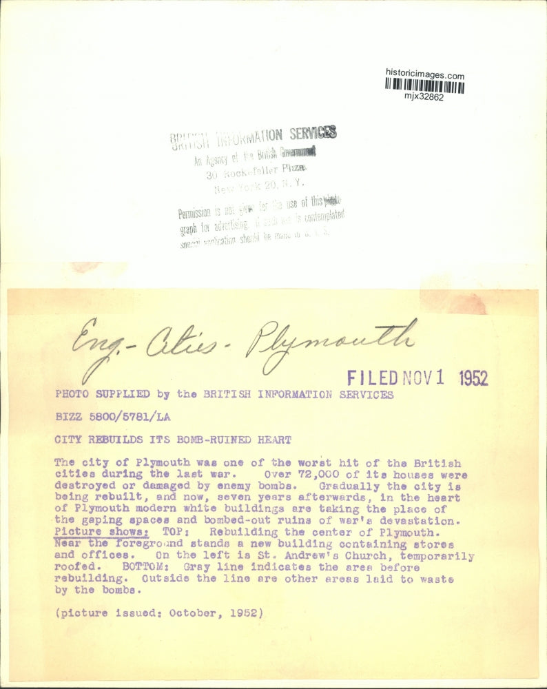 1952 Press Photo City of Plymouth, England, rebuilds after enemy bombing