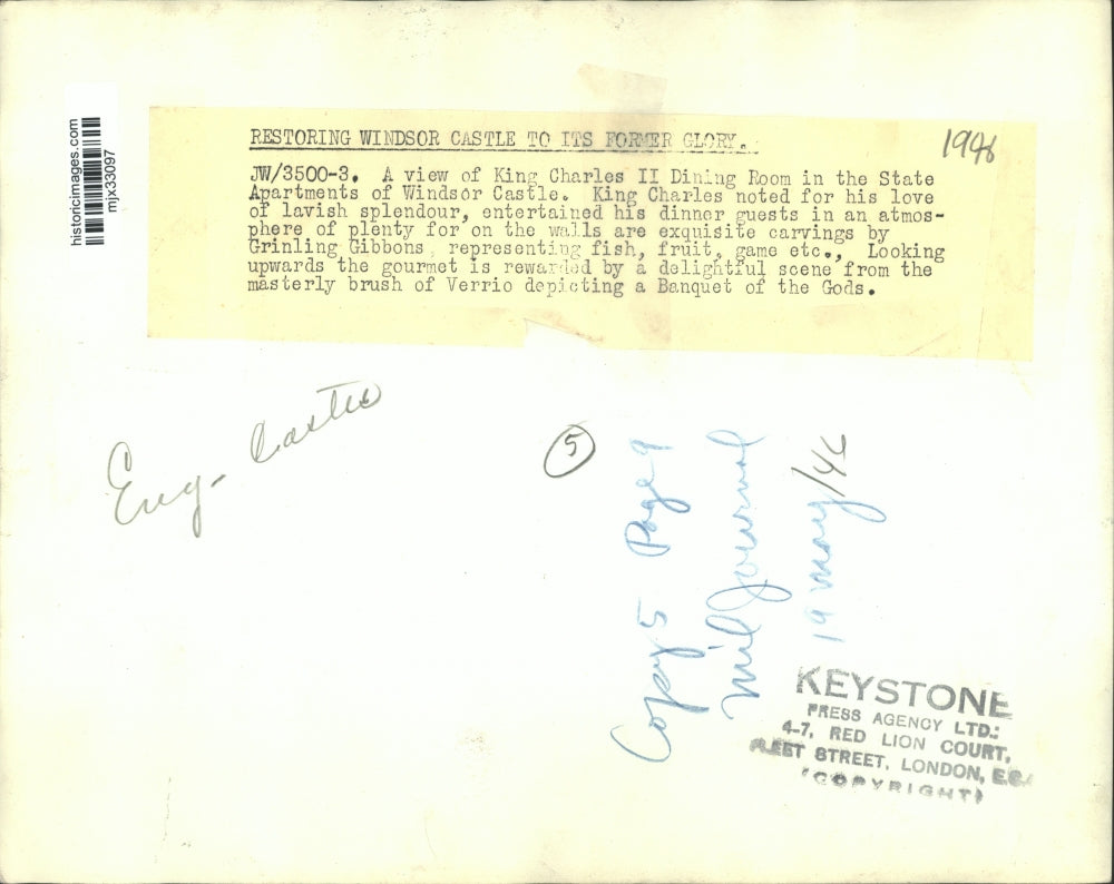 1946 Press Photo King Charles II DIning Room of Windsor Castle, England