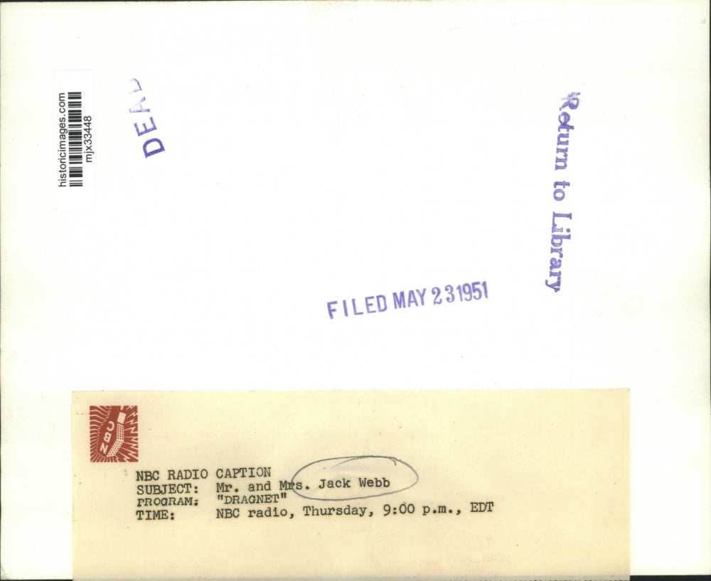 1951 Press Photo Mr. and Mrs. Jack Webb at an event - mjx33448