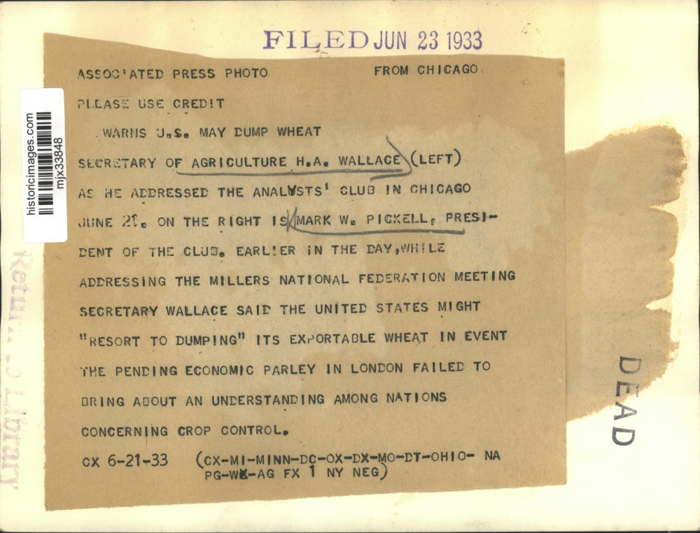 1933 Press Photo Sec. of Agriculture H.A. Wallace, Analysts' Club Mark Pickell