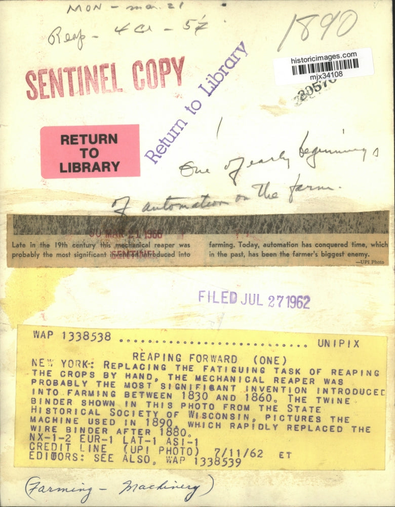 1962 Press Photo A Late 1800's Twine Binder from Historical Society of Wisconsin