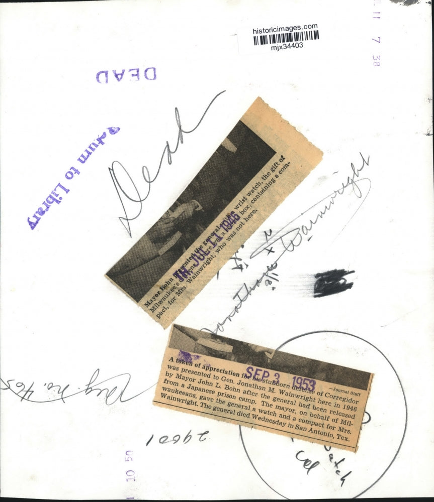 1946 Press Photo Milwaukee Mayor John L. Bohn and General Jonathan M. Wainwright