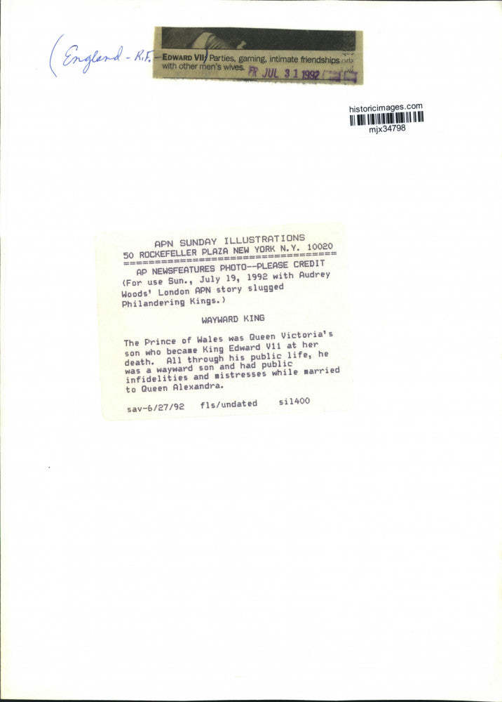 1992 Press Photo King Edward VII of England - mjx34798