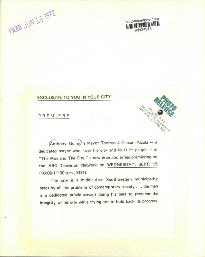 1972 Press Photo Anthony Quinn in "The Man and The City" - mjx34978