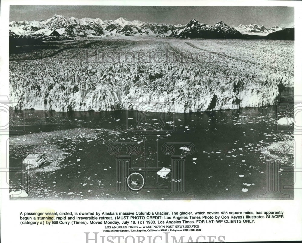 1983 Press Photo A Passenger Vessel (Circled), Dwarfed by Columbia Glacier, AK.- Historic Images