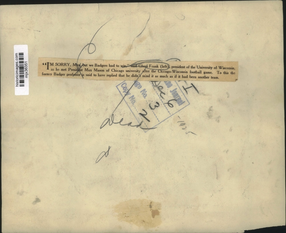 1925 Press Photo Glen Frank, Max Mason discuss Chicago-Wisconsin football game