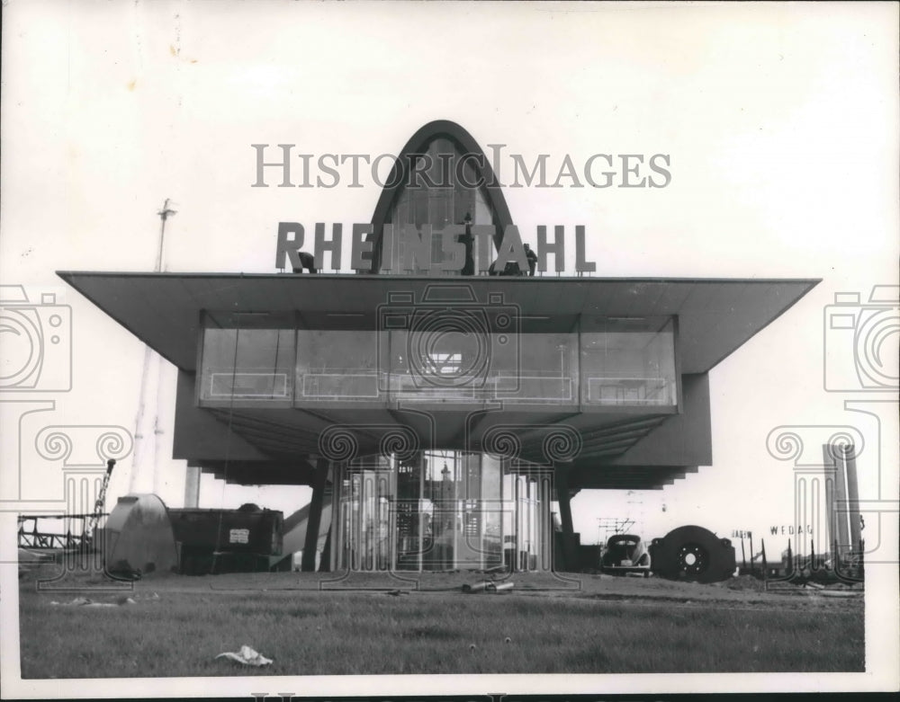 1957 Press Photo Rheinstahl steel mill pavilion at Hanover, Germany - mjx36475