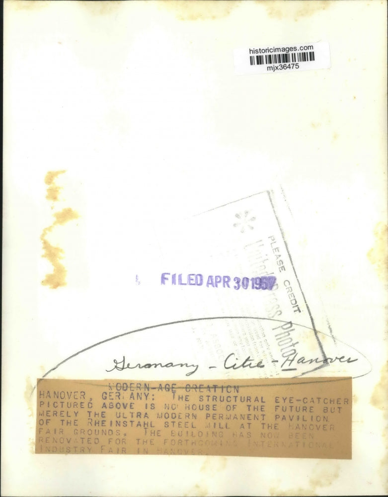 1957 Press Photo Rheinstahl steel mill pavilion at Hanover, Germany - mjx36475