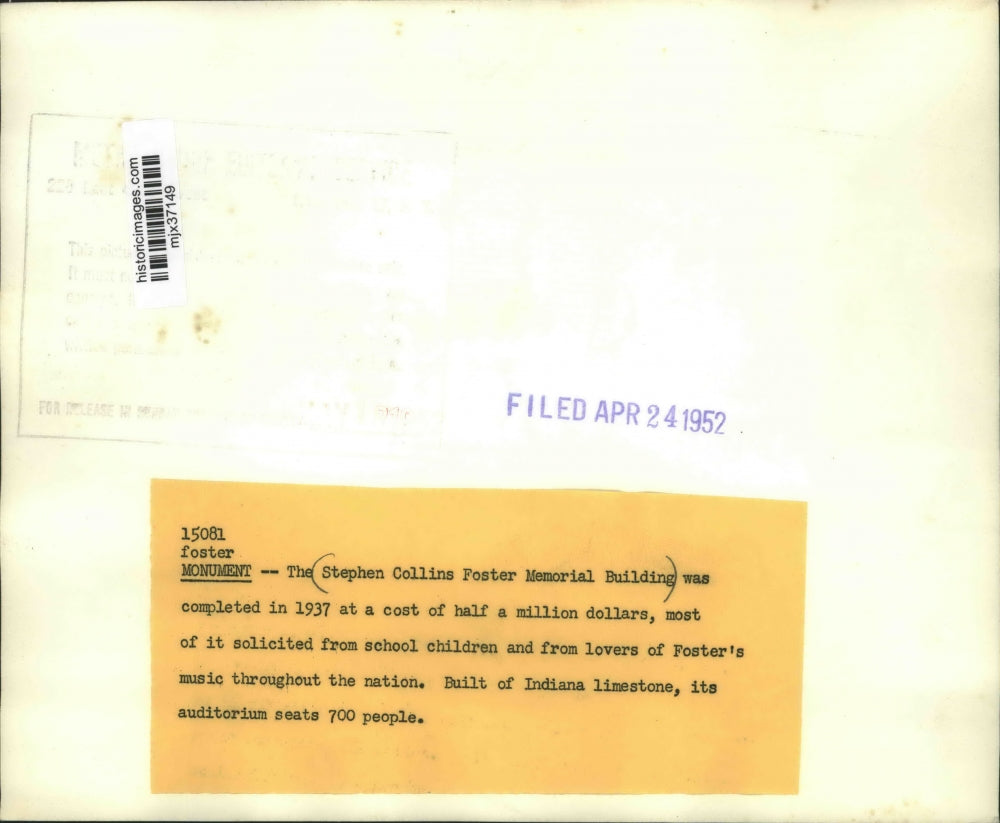 1952 Press Photo The Stephen Collins Foster Memorial Building - mjx37149