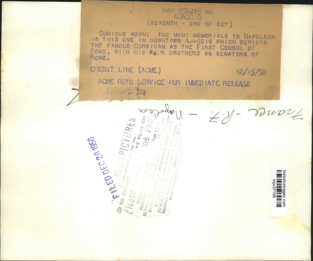 1950 Press Photo Statues of Napoleon on Horse & Brothers in Ajaccio - mjx37158