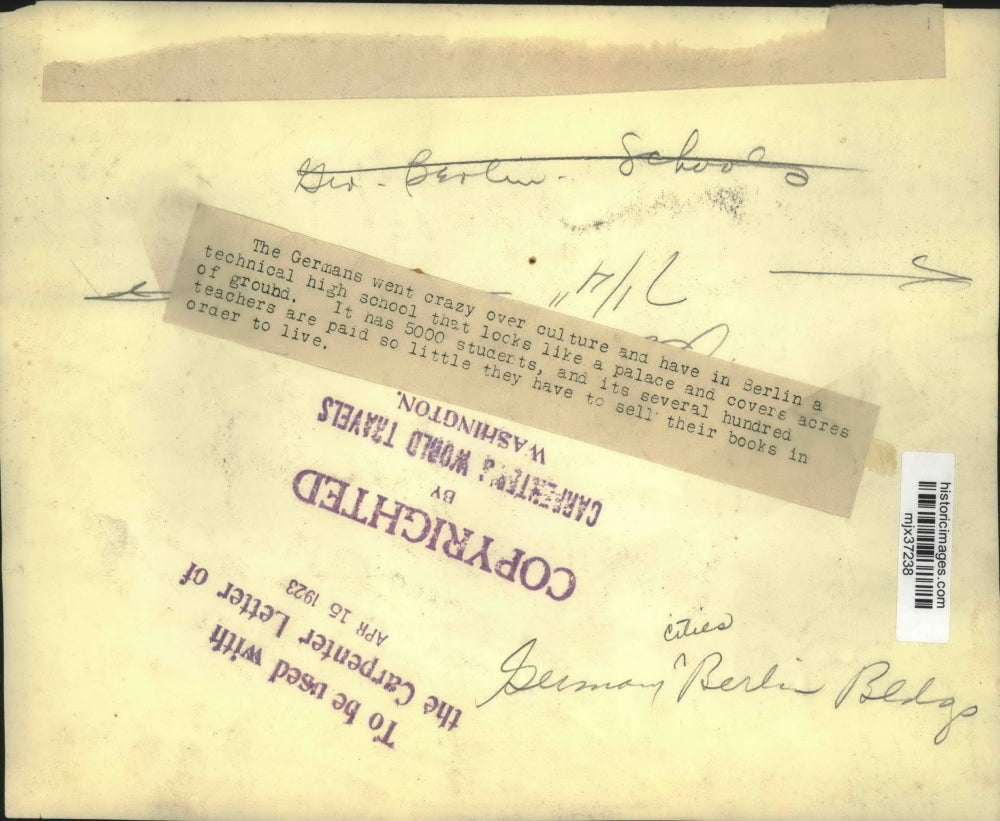 1923 Press Photo Palatial Technical High School Building in Berlin, Germany