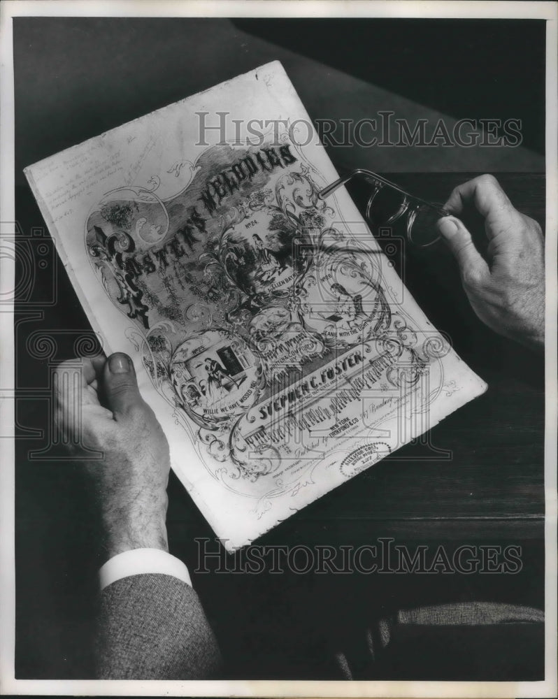 1950 Press Photo Romberg holding original Stephen C. Foster music score