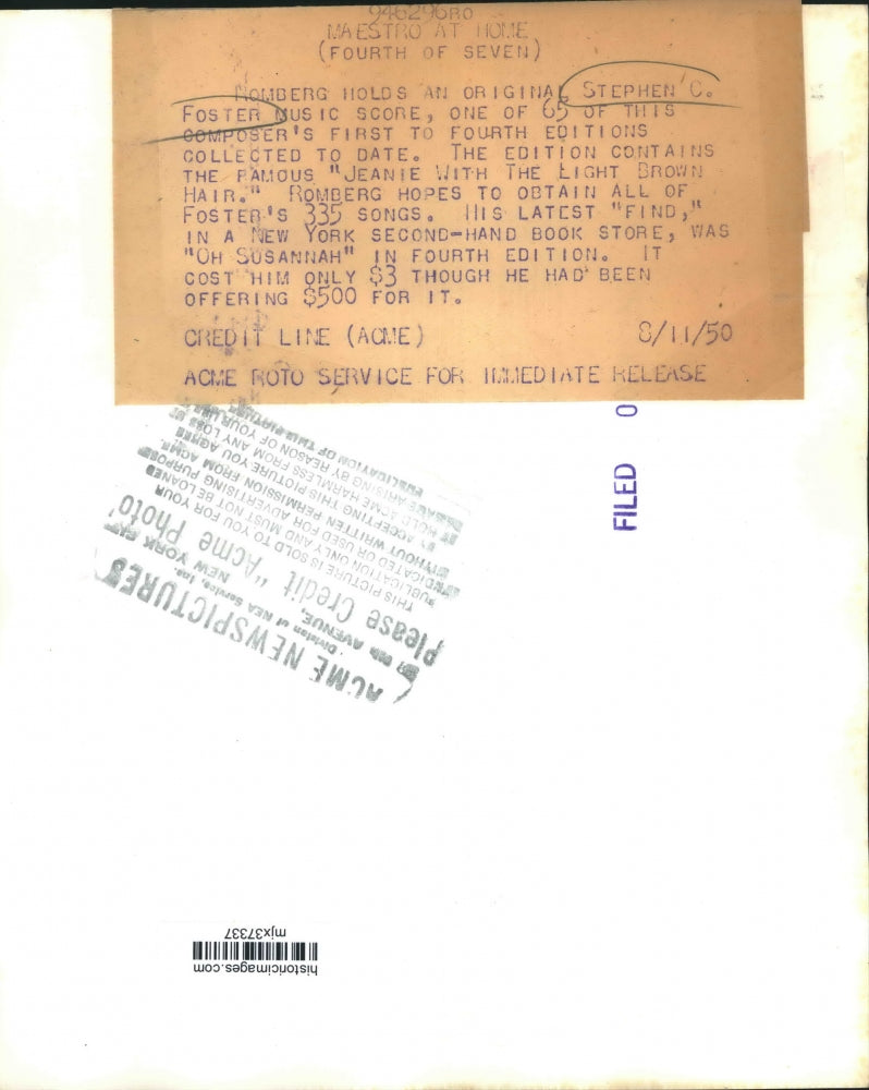 1950 Press Photo Romberg holding original Stephen C. Foster music score