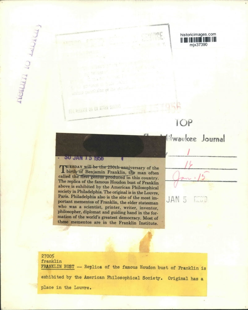 1956 Press Photo Replica of the Houdon bust of Benjamin Franklin - mjx37390