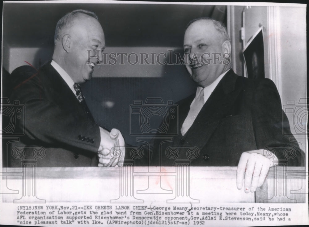 1932 Press Photo George Meany, Sec.-Treasurer of AFL Meets Gen. Eisenhower, N.Y.