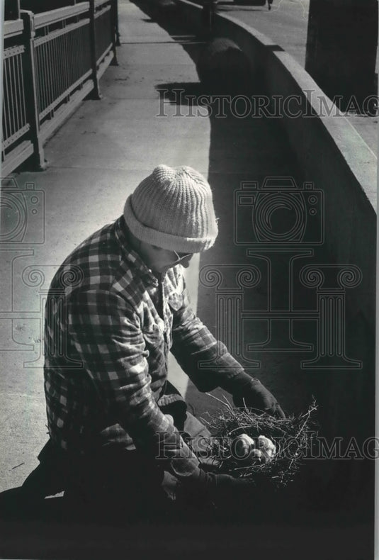 1987 Press Photo Ray Podoski Moves Pigeon Nest to Continue Work on Bridge- Historic Images