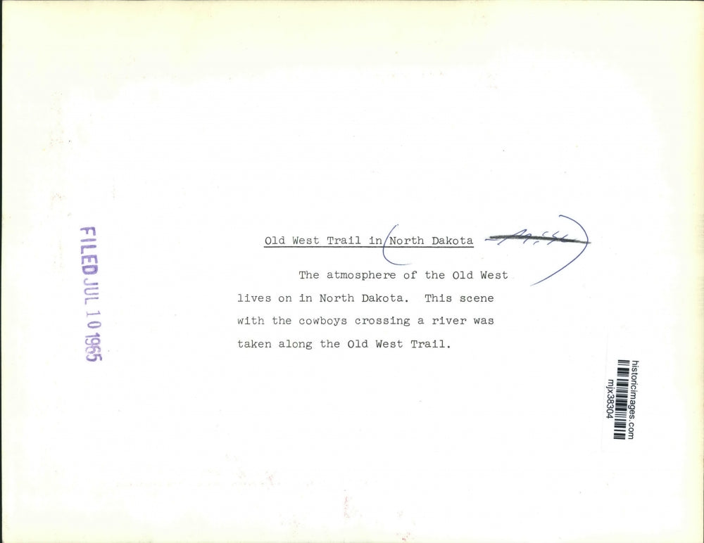 1965 Press Photo Cowboys Cross a River Along the Old West Trail, North Dakota