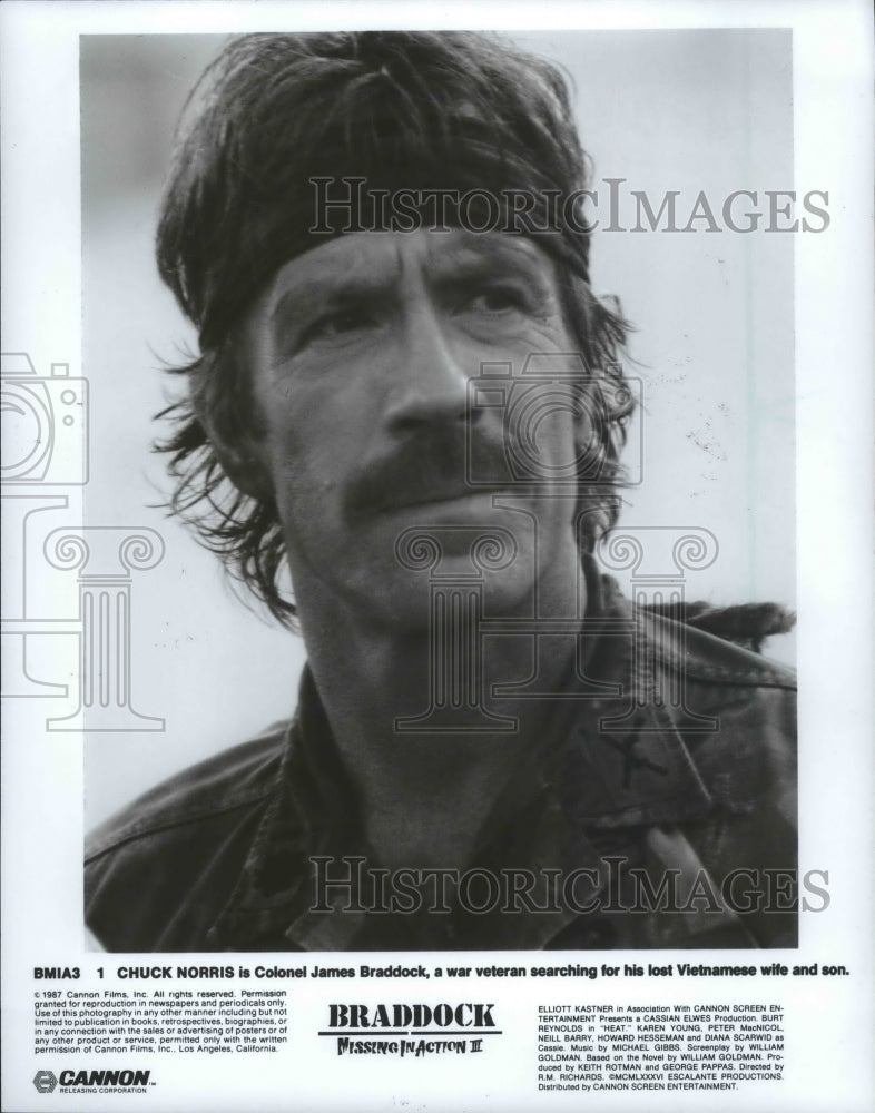 1987 Press Photo Actor Chuck Norris in "Braddock: Missing in Action III"- Historic Images