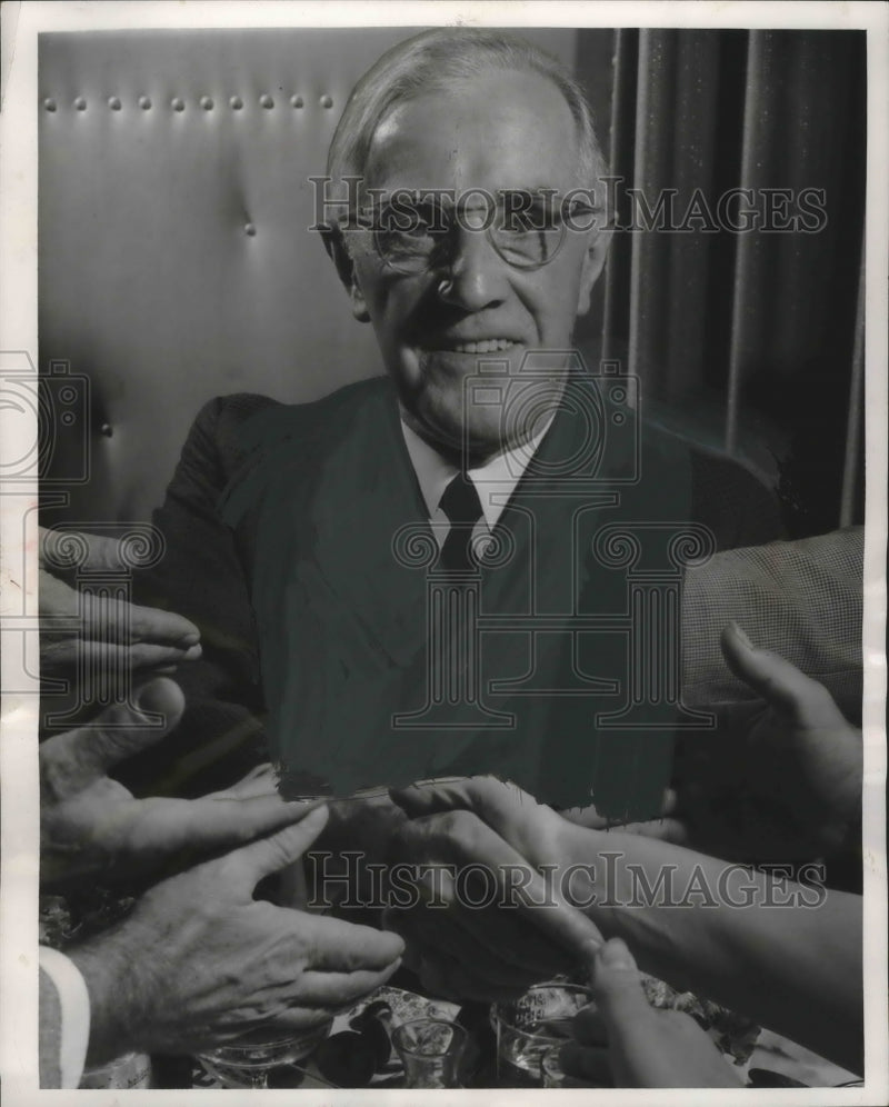 Load image into Gallery viewer, 1955 Press Photo Frank Haggerty shakes hands at Holliday House party, Milwaukee
