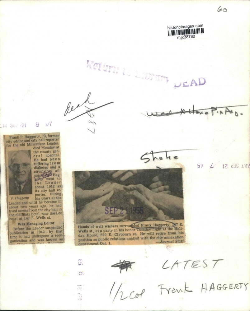 1955 Press Photo Frank Haggerty shakes hands at Holliday House party, Milwaukee