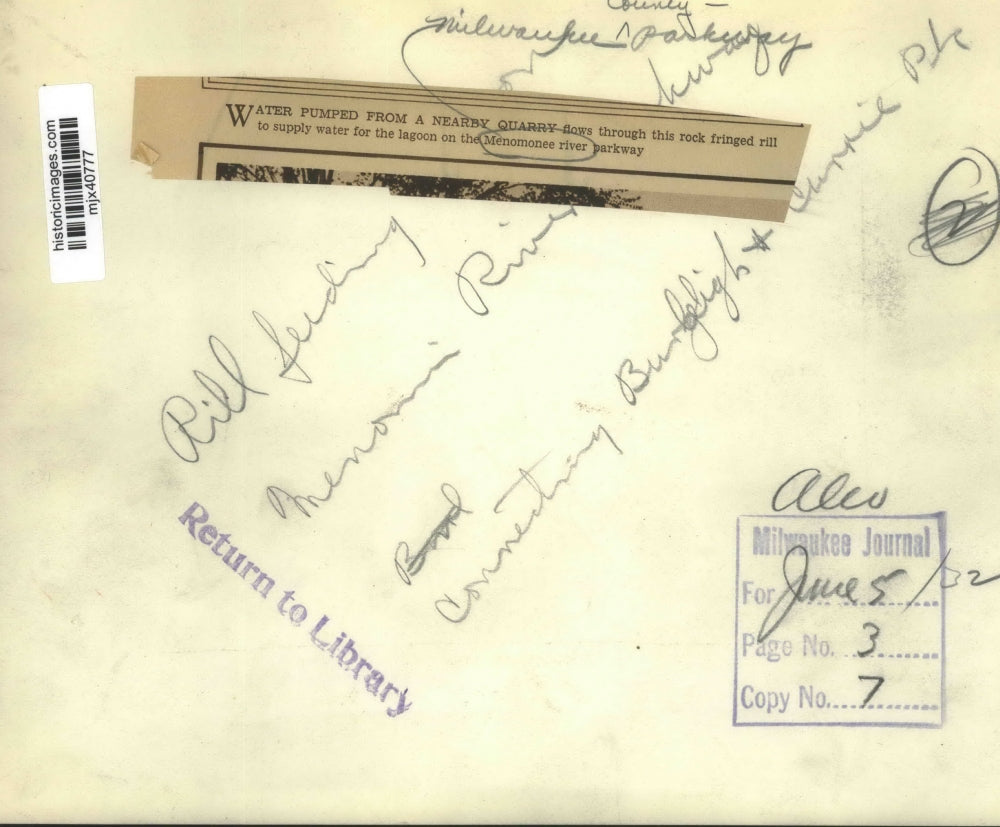 1932 Press Photo Water in a rock fringed rill for Menomonee River Parkway