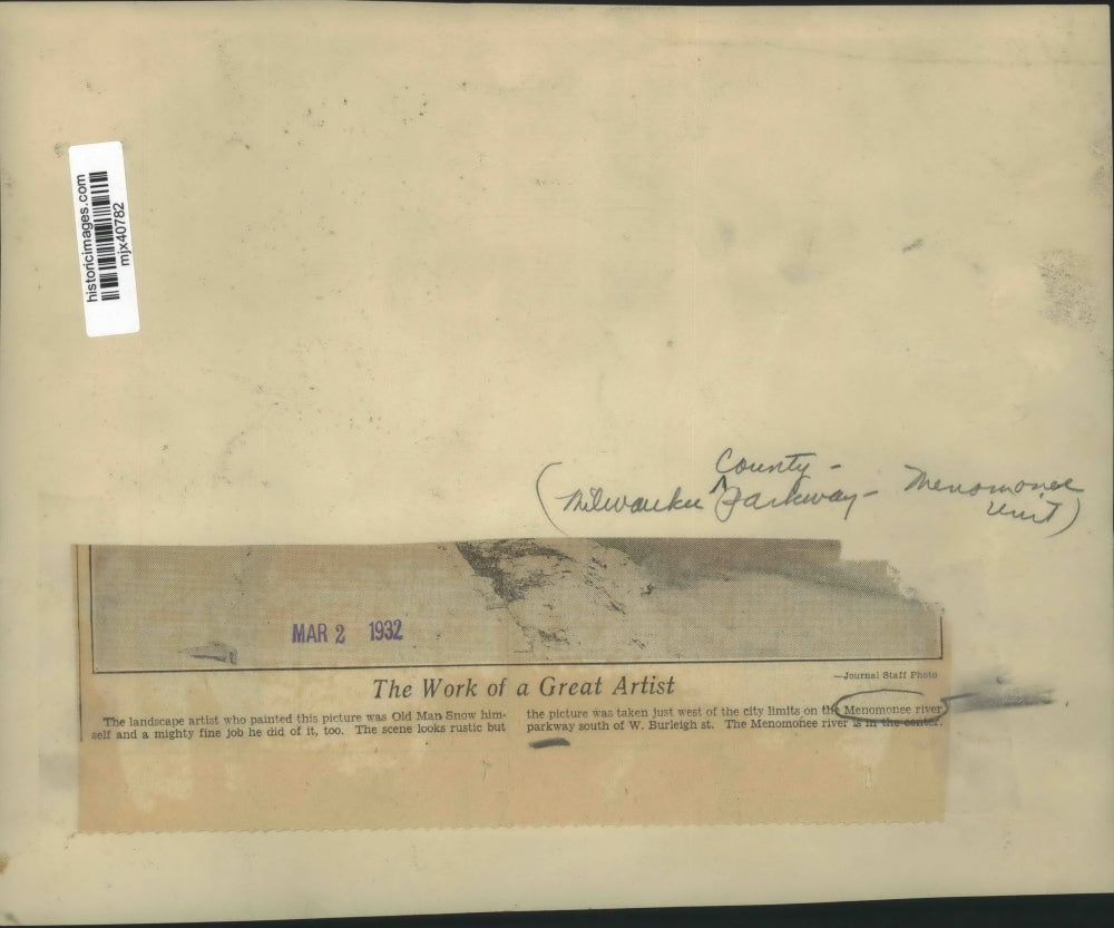 1932 Press Photo Snow on the Menomonee river parkway in Wisconsin - mjx40782