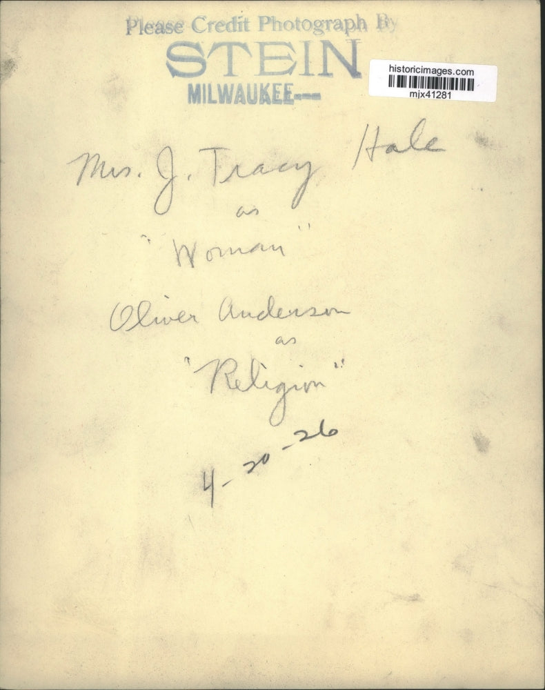 1926 Press Photo Mrs. J. T. Hale as "Woman" and Oliver Anderson as "Religion"