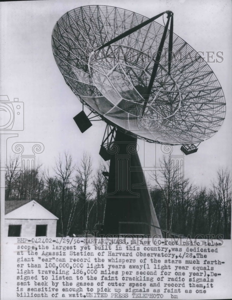 1956 Press Photo Radio Telescope at Agassiz Station of Harvard Observatory.- Historic Images