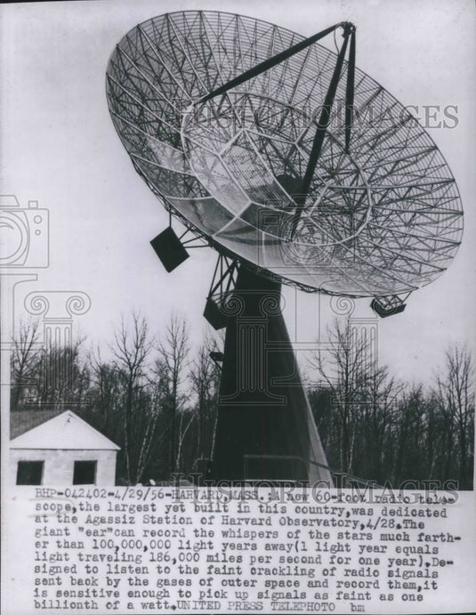 1956 Press Photo Radio Telescope at Agassiz Station of Harvard Observatory.- Historic Images