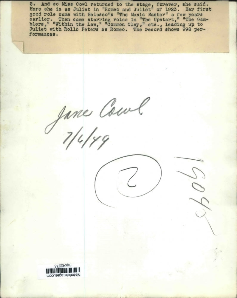 1949 Press Photo Actress Jane Cowl as Juliet in "Romeo and Juliet" - mjx42273