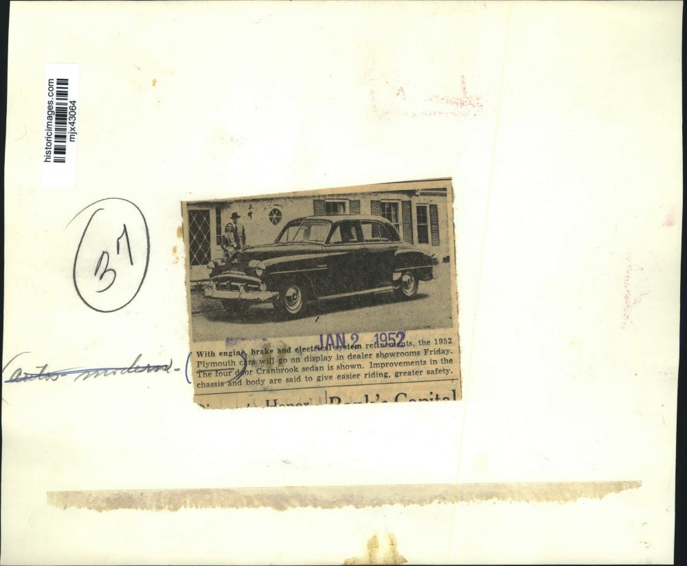 1952 Press Photo The Plymouth four door Cranbrook sedan. - mjx43064