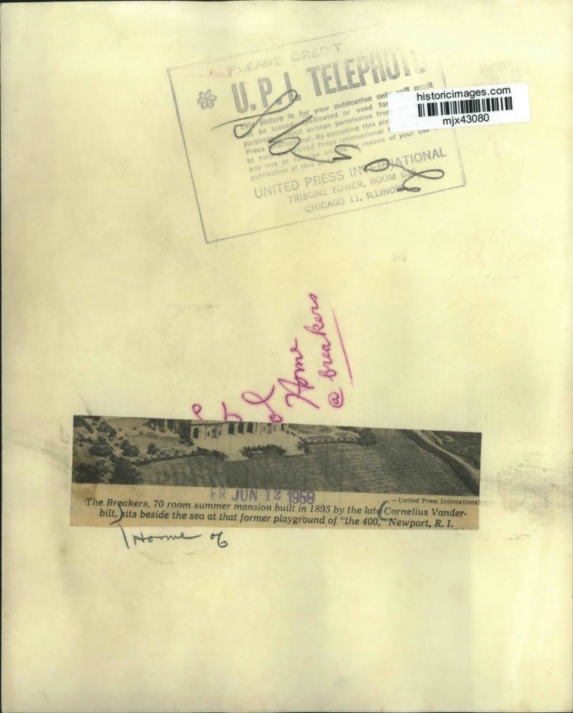 1959 Press Photo View of "The Breakers" built by Cornelius Vanderbilt in 1895.