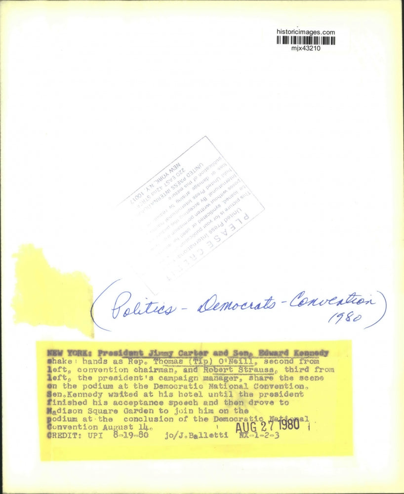 1980 Press Photo Carter and Kennedy shake hands at 1980 Democratic Convention.