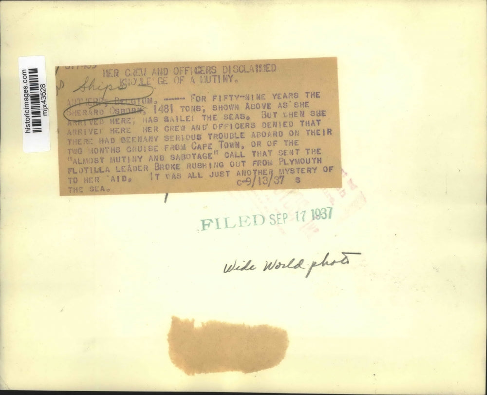 1937 Press Photo The Sherard Osborn who has sailed the seas for 59 years.