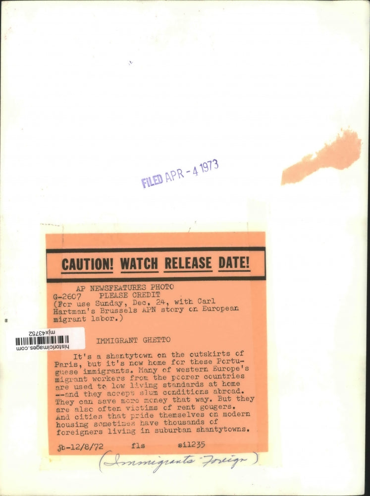 1972 Press Photo Outskirts of Paris, Slums now home for Portuguese immigrants.