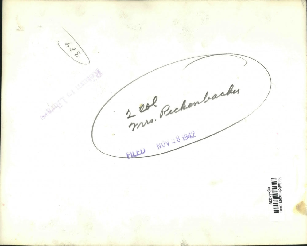 1942 Press Photo Mrs. Rickenbacker, wife of World War I fighter pilot, Edward