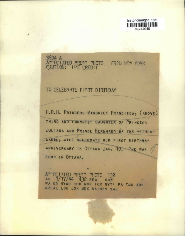 1944 Press Photo The Netherlands youngest Princess, Margriet Francisca