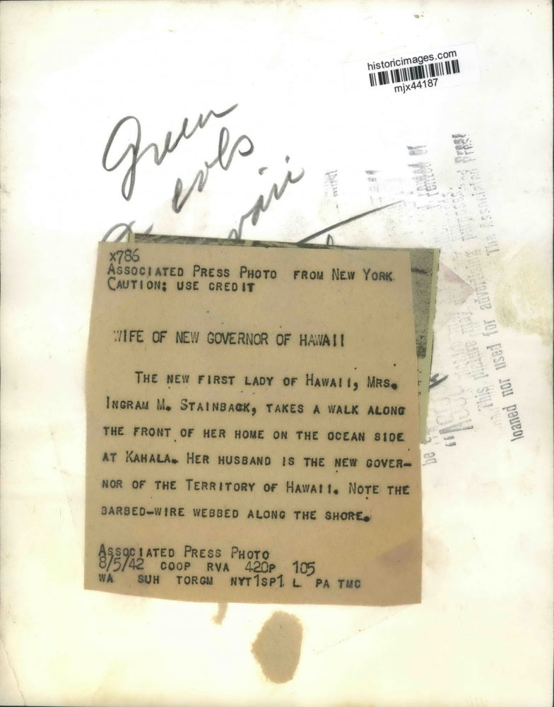 1942 Press Photo Hawaii Governor's Wife Mrs. Ingram M. Stainback - mjx44187