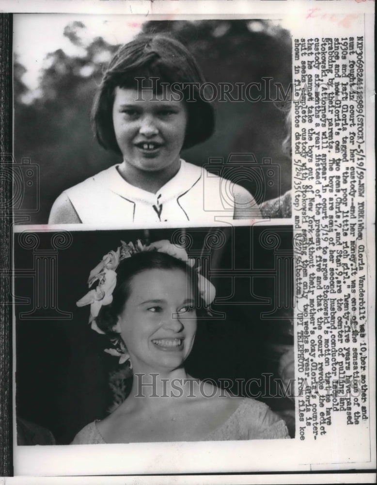 1959 Press Photo Photographs of Gloria Vanderbilt at age 10 and at 35 years old.
