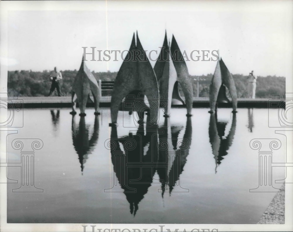 1962 Press Photo Angelus Bells in reflective pool in Belleville, Illinois- Historic Images