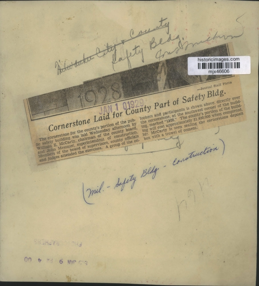 1929 Press Photo Cornerstone was laid by William E. McCarty and John Messmer.