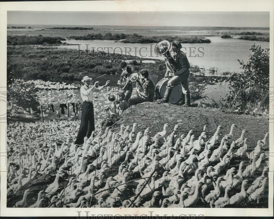 1964 Press Photo Band Plays While Boys Tend to Ducks, Kaban, Buryat, USSR- Historic Images