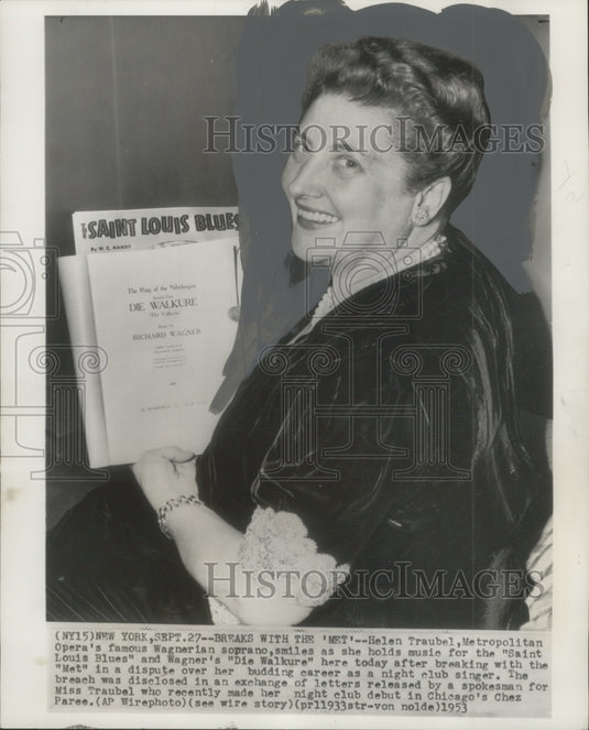 1953 Press Photo Helen Traubel holds music "Saint Louis Blues" and "Die Walkure"- Historic Images