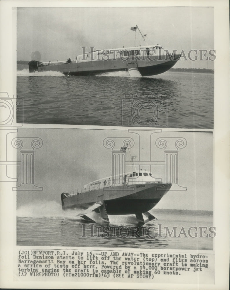 1963 Press Photo Revolutionary hydrofoil Denison flies across Narragansett Bay.- Historic Images