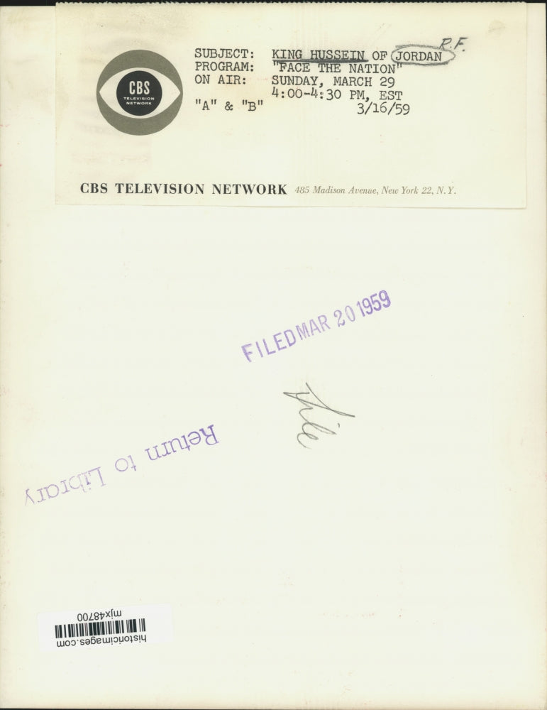 1959 Press Photo King Hussein of Jordan on "Face the Nation" - mjx48700