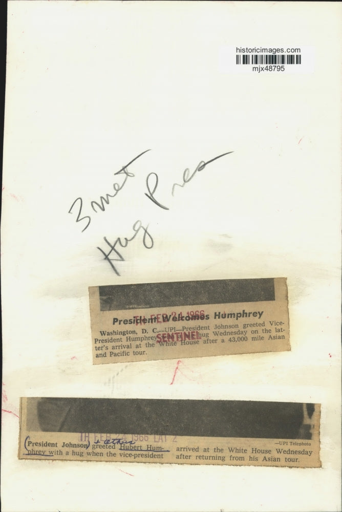 Load image into Gallery viewer, 1966 Press Photo Vice President Hubert Humphrey Greeted by President Johnson
