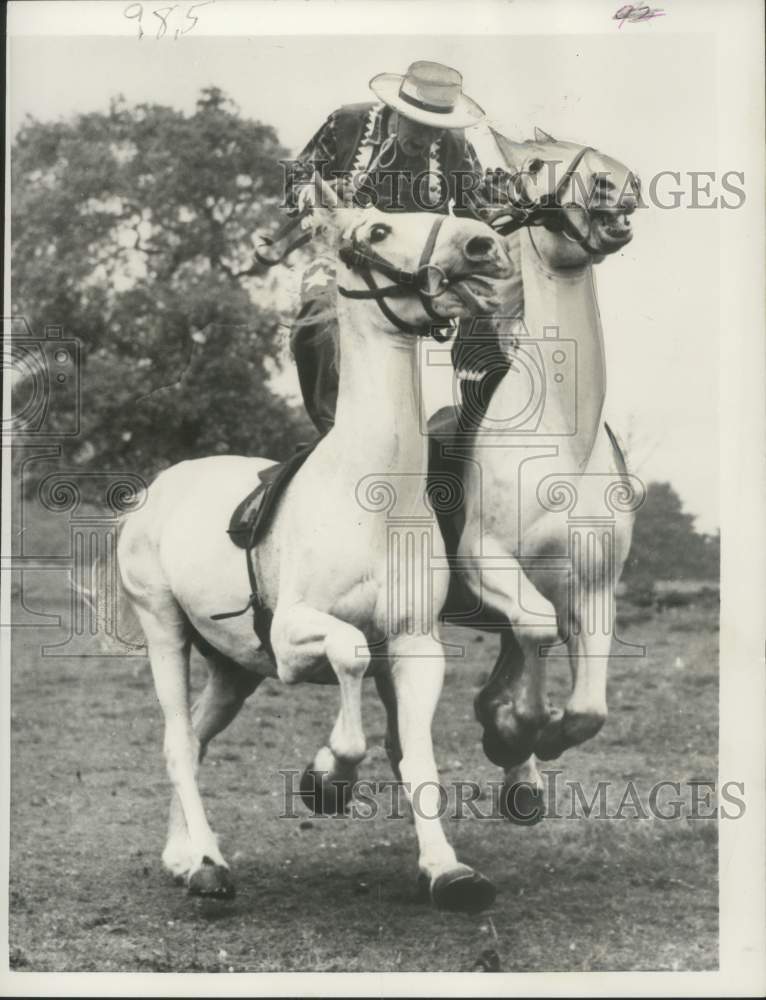 1952 Press Photo Peter Munt Demonstrates Roman Riding in Elstree, England- Historic Images