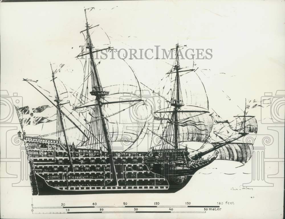 1962 Press Photo Drawing of the Swedish Ship Vasa - mjx50048- Historic Images