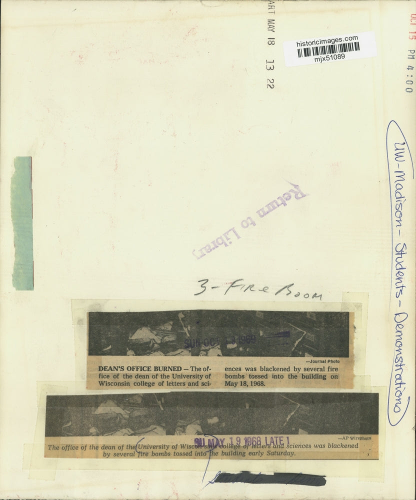 1968 Press Photo Burnt Office of Dean of University of Wisconsin