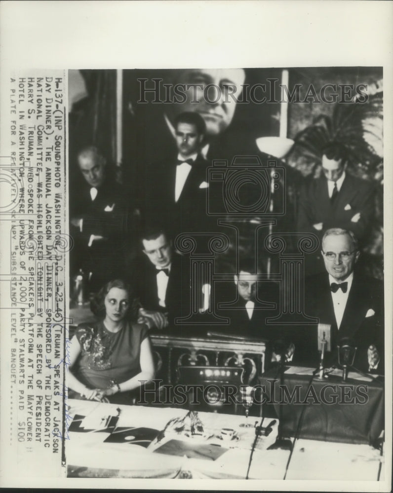 1946 Press Photo President Harry S. Truman speaks at Jackson Day Dinner in D.C.- Historic Images